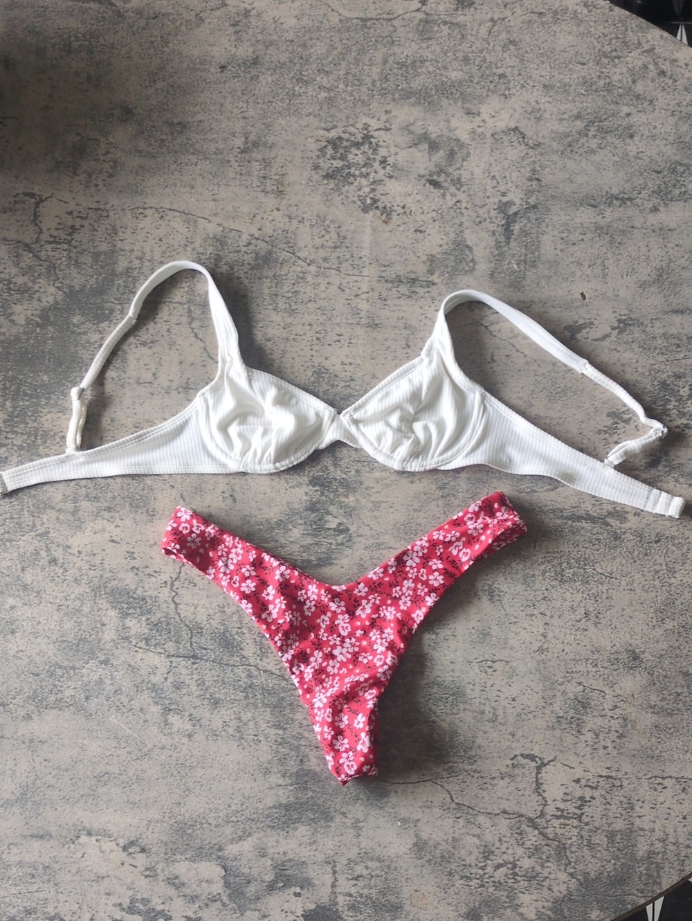 White Ribbed Bikini Top with Red Floral Bottom